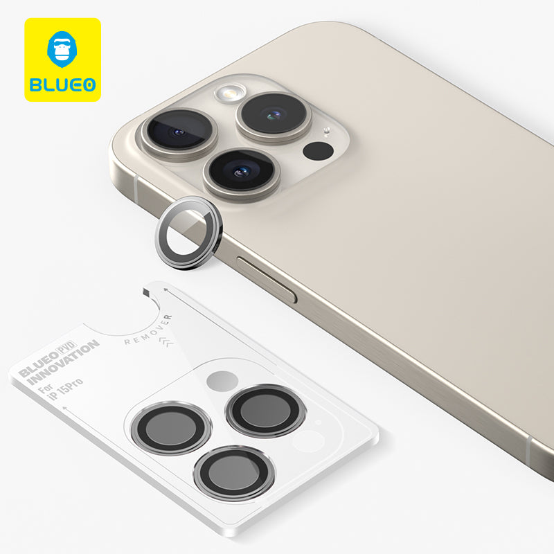 Blueo PVD Stainless Steel With Titanium Alloy Element Design Camera Lens Protector For iPhone 15 Pro Max