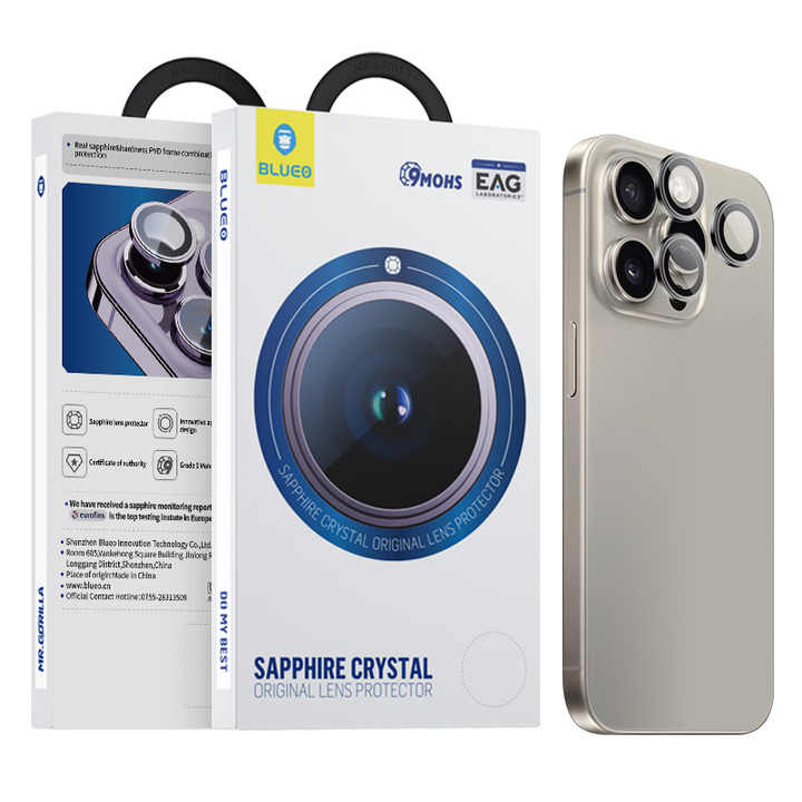 Blueo Sapphire Crystal Original Titanium PVD Stainless Steel Camera Lens Protector Cover for iPhone 15 pro max