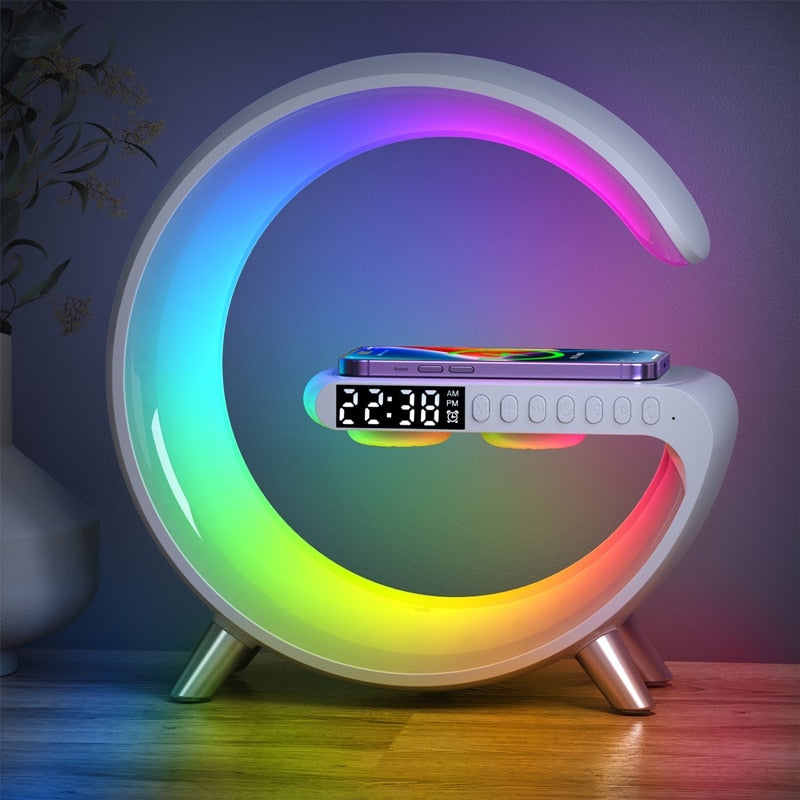 15W Wireless Charger 6IN1 Alarm Clock App Control RGB Atmosphere Night Light Bluetooth Speaker Station For Iphone Samsung Xiaomi
