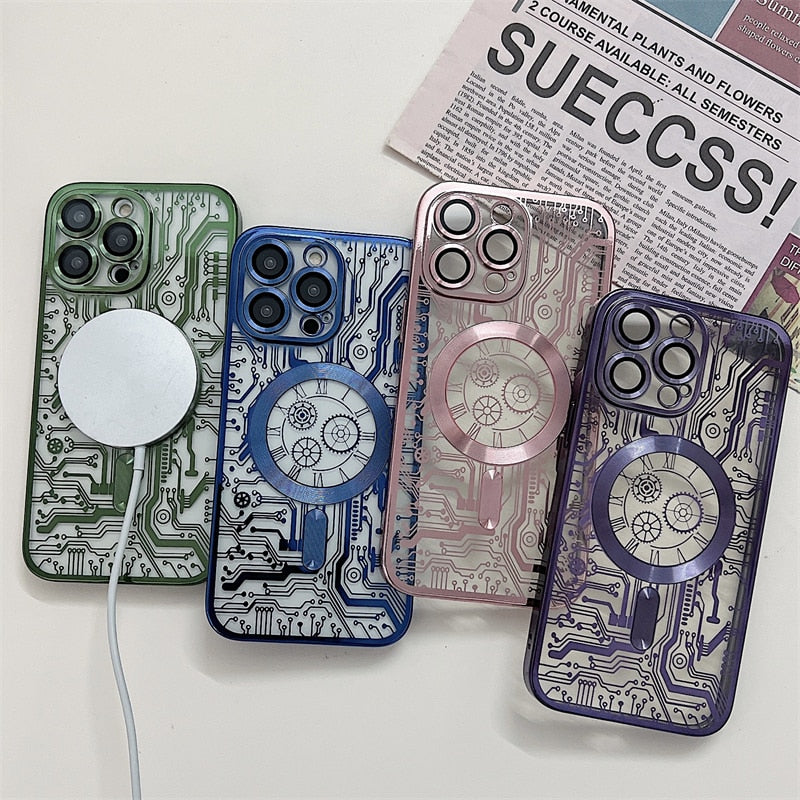Fashion Circuit Diagram Case For Magsafe For iPhone 14 13 12 11 Pro Max Plus Clear Plating Soft Wireless Charging Magnetic Cover