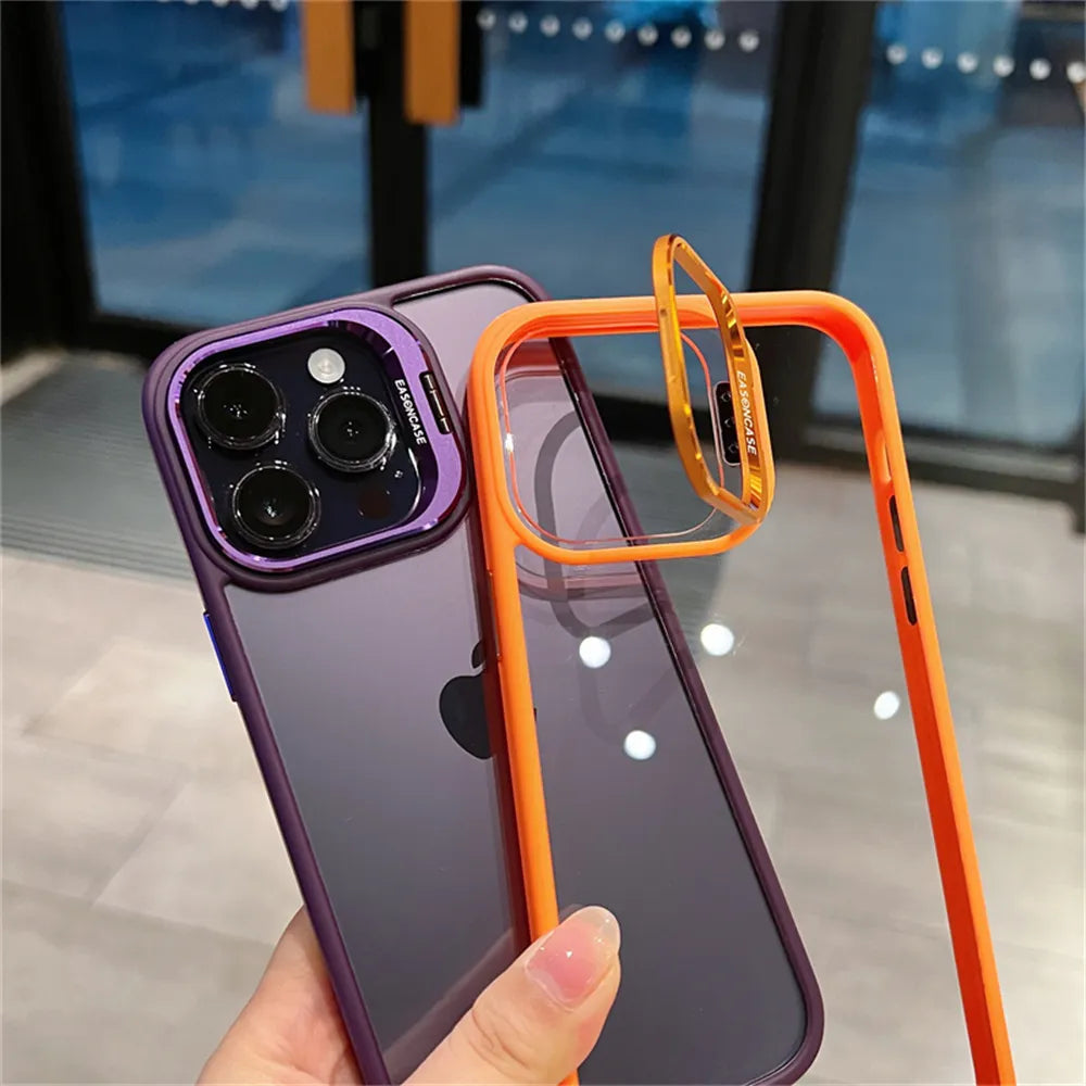 Lens Metal Ring Protector Stand Phone Case For IPhone 15 12 13 14Pro Max 11 Camera Glass Protection Transparent Shockproof Cover