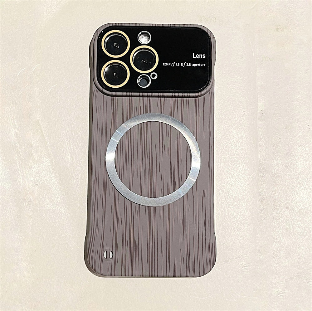 Luxury Frameless for Wood Grain Magnetic Phone Case for iPhone 14 ProMax 12 13 Pro Max Shockproof Lens Protection Slim PC Cover