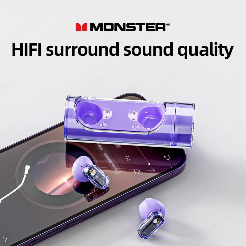 Original Monster V5.3 Wireless Bluetooth Headset XKT13 HIFI Sound Earphones Long Standby Earbuds Rotating Transparent Shell New