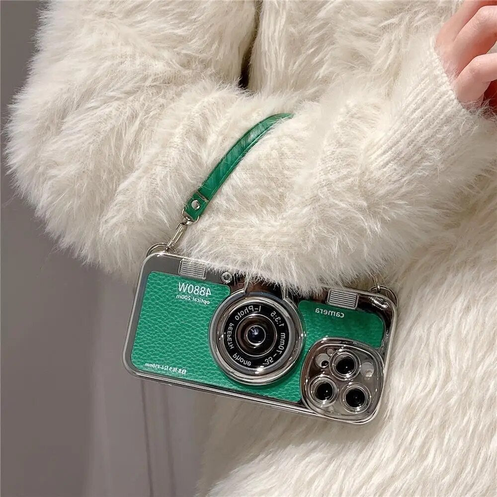 Japan Korean 3D luxury camera + hand strap couple gift case for iphone 15 12 14 Pro Max 11 13 Max leather pattern protect cover