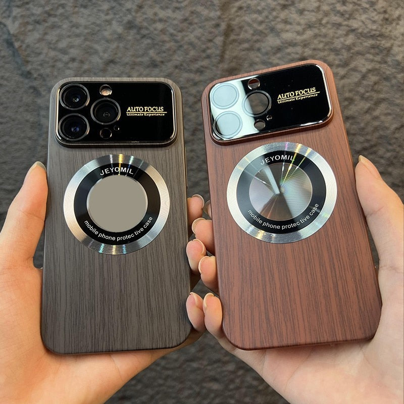 Natural Walnut Texture Car Magnet Lens Film Protect Camera Shockproof Magsafe Wooden Hard Case For iPhone
