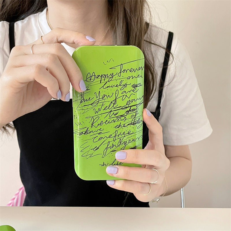 Slide Cover Green Bottom Black English Suitable For Iphone14pro Apple 13 Mobile Phone Case 11 Simple Niche 12 Mobile Phone Case