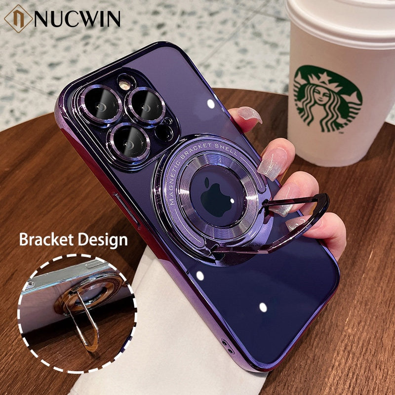 For iPhone 14 Pro Max Invisible Bracket Magsafe Case For iPhone 14 13 12 11 Pro Max Magnetic Stand Holder Plating Soft Cover